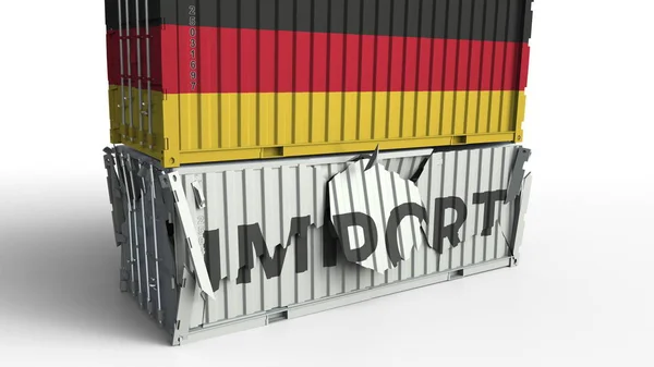 Contenitore di carico con bandiera della Germania rompe container con testo IMPORT. Rendering 3D concettuale — Foto Stock