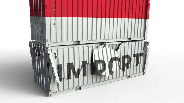 Container with flag of Indonesia breaking container with IMPORT text. Conceptual 3D rendering — Stock Photo, Image