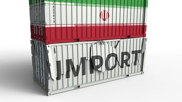 Container with IMPORT text being crashed with container with flag of Iran, conceptual 3D rendering — Stock Photo, Image