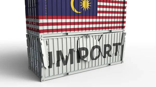 Container with flag of Malaysia breaking container with IMPORT text. Conceptual 3D rendering — Stock Photo, Image