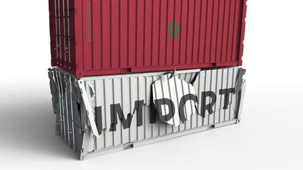 Recipiente com texto IMPORT sendo batido com recipiente com bandeira de Marrocos, renderização 3D conceitual — Fotografia de Stock