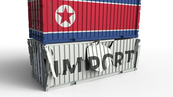Container with flag of North korea breaking container with IMPORT text. Conceptual 3D rendering — Stock Photo, Image