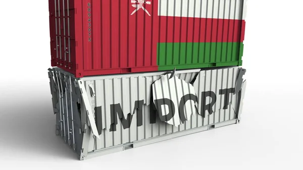 El contenedor de carga con bandera de Omán rompe el contenedor con texto IMPORTAR. Renderizado 3D conceptual —  Fotos de Stock