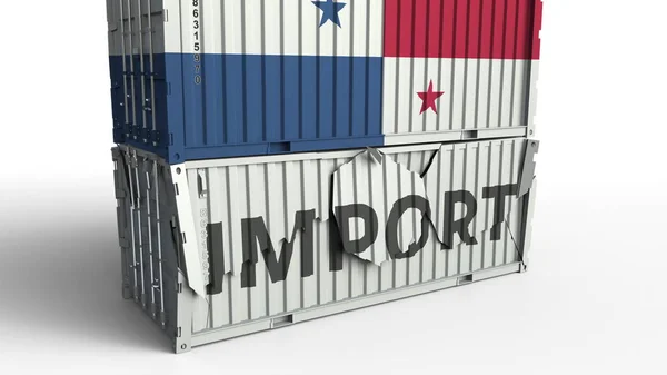 Contenitore con bandiera di Panama rompere container con testo IMPORT. Rendering 3D concettuale — Foto Stock