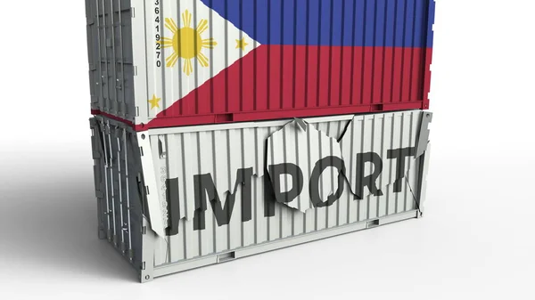 Contenitore con testo IMPORT in crash con contenitore con bandiera delle Filippine, rendering concettuale 3D — Foto Stock