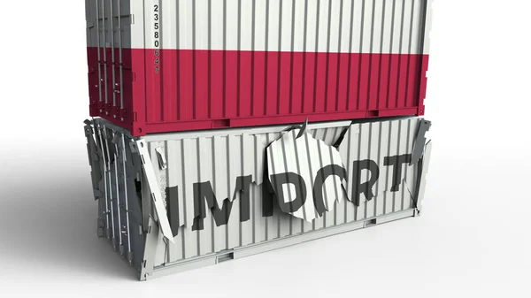 Container met vlag van Polen breken container met tekst importeren. Conceptuele 3D-rendering — Stockfoto