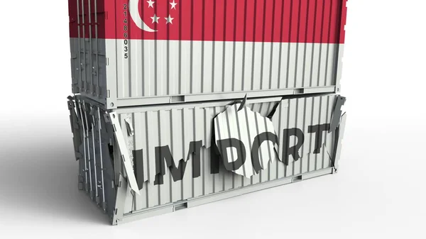 Recipiente com bandeira de Singapura quebrando recipiente com texto IMPORT. Renderização 3D conceitual — Fotografia de Stock