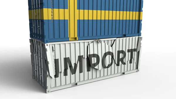 Container with IMPORT text being crashed with container with flag of Sweden, conceptual 3D rendering — Stock Photo, Image