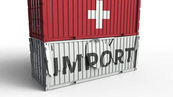 Recipiente de carga com bandeira da Suíça quebra contêiner com texto IMPORT. Renderização 3D conceitual — Fotografia de Stock