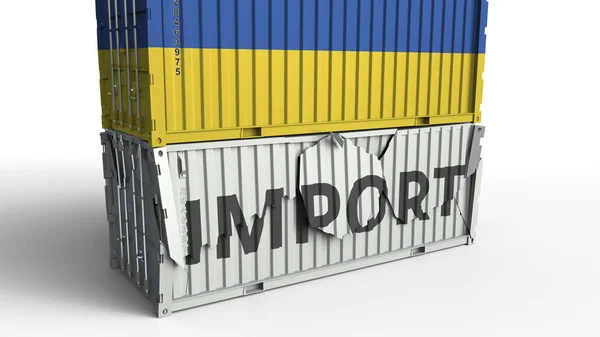 Контейнер с флагом Украины, разбивающий контейнер с IMPORT текстом. Концептуальная 3D рендеринг — стоковое фото