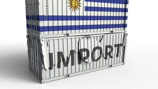 Recipiente de carga com bandeira do Uruguai quebra contêiner com texto IMPORT. Renderização 3D conceitual — Fotografia de Stock