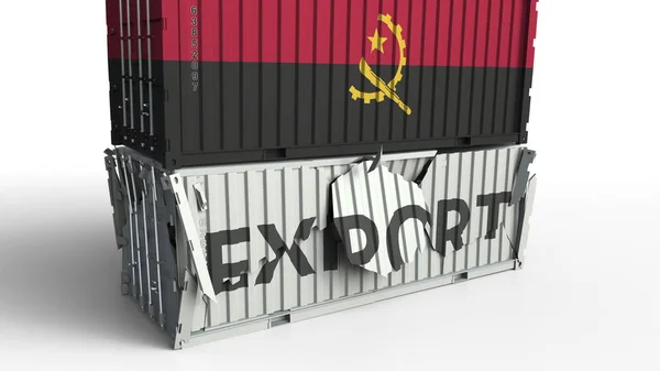 Contenitore con bandiera dell'Angola che rompe container con testo EXPORT. Rendering 3D concettuale — Foto Stock