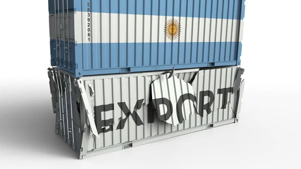 Container with flag of Argentina breaking container with EXPORT text. Conceptual 3D rendering — Stock Photo, Image