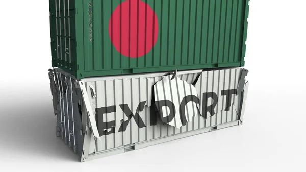 Container cargo con bandiera del Bangladesh rompe container con testo EXPORT. Rendering 3D concettuale — Foto Stock