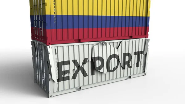 货物集装箱与哥伦比亚的旗子打破容器以出口文本。概念3d 渲染 — 图库照片