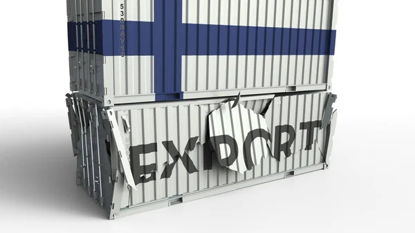 Conteneur avec texte EXPORT écrasé avec conteneur avec drapeau de la Finlande, rendu 3D conceptuel — Photo