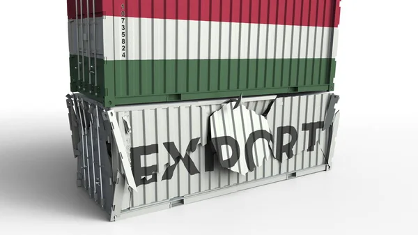 Cargo container with flag of Hungary breaks container with EXPORT text. Conceptual 3D rendering — Stock Photo, Image