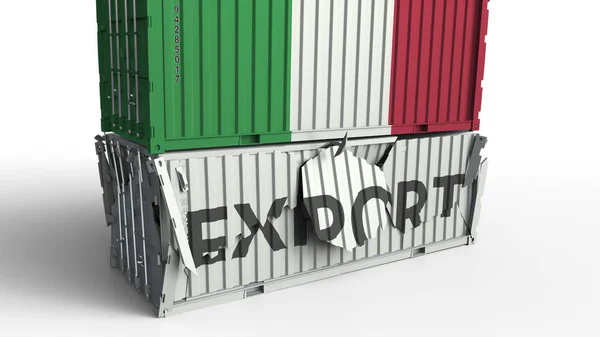 Container met vlag van Italië breken container met Export tekst. Conceptuele 3D-rendering — Stockfoto