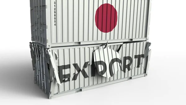 Container with EXPORT text being crashed with container with flag of Japan, conceptual 3D rendering — Stock Photo, Image