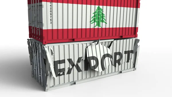 Contenedor con texto EXPORT estrellado con contenedor con bandera de Líbano, renderizado 3D conceptual — Foto de Stock