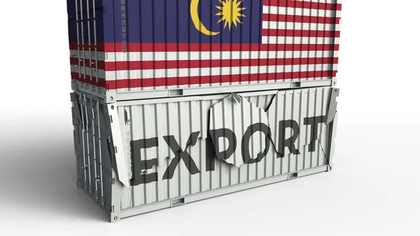 Container with EXPORT text being crashed with container with flag of Malaysia, conceptual 3D rendering — Stock Photo, Image