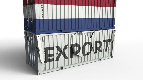 Container with EXPORT text being crashed with container with flag of Netherlands, conceptual 3D rendering — Stock Photo, Image