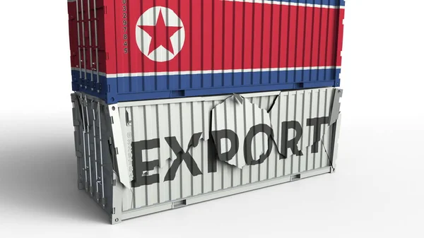 Recipiente com texto de exportação que está sendo quebrado com recipiente com bandeira da Coreia do Norte, renderização 3D conceitual — Fotografia de Stock