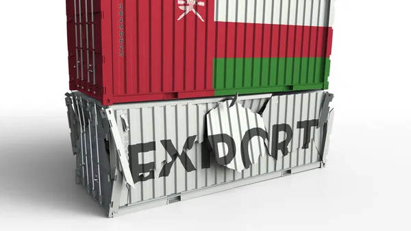 El contenedor de carga con bandera de Omán rompe el contenedor con texto EXPORTAR. Renderizado 3D conceptual — Foto de Stock