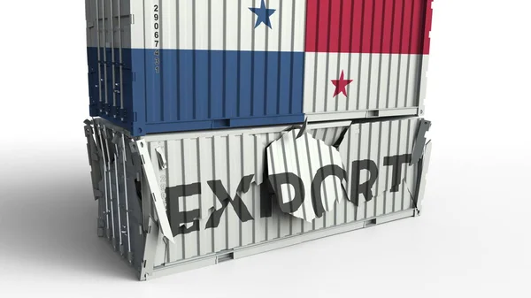 Container mit panamaischen Flaggen, die Container mit Exporttext brechen. konzeptionelles 3D-Rendering — Stockfoto