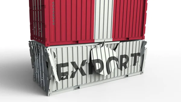 Cargo container with flag of Peru breaks container with EXPORT text. Conceptual 3D rendering — Stock Photo, Image