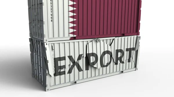 Recipiente de carga com bandeira do Qatar quebra contêiner com texto EXPORTADO. Renderização 3D conceitual — Fotografia de Stock