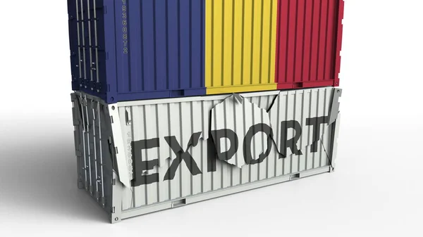 Cargo container with flag of Romania breaks container with EXPORT text. Conceptual 3D rendering — Stock Photo, Image