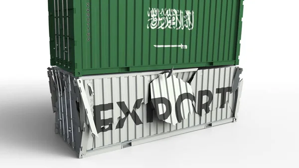 Container with EXPORT text being crashed with container with flag of Saudi Arabia, conceptual 3D rendering — Stock Photo, Image