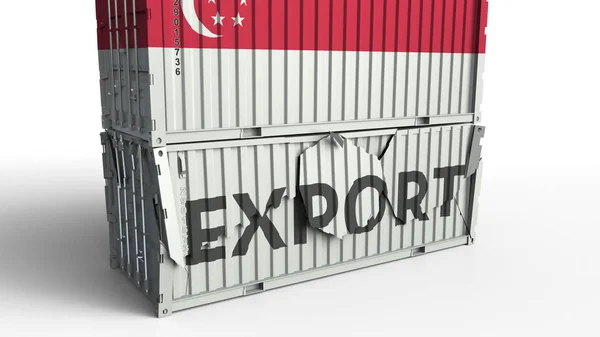 Контейнер с флагом Сингапура, разбивающий контейнер с текстом EXPORT. Концептуальная 3D рендеринг — стоковое фото