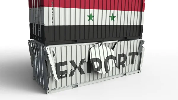 Δοχείο με εξαγωγή κειμένου που τράκαρε με δοχείο με σημαία της Συρίας, εννοιολογική 3d rendering — Φωτογραφία Αρχείου