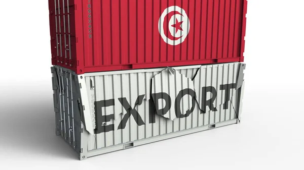 Contenitore con bandiera della Tunisia rompere container con testo EXPORT. Rendering 3D concettuale — Foto Stock