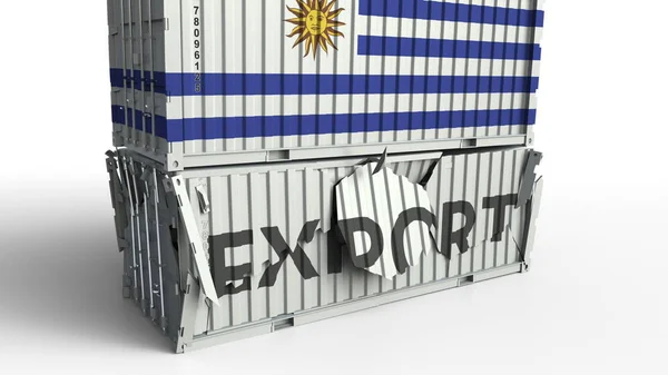 Грузовой контейнер с флагом Уругвая разрывает контейнер с текстом EXPORT. Концептуальная 3D рендеринг — стоковое фото