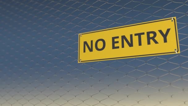 Sarı No entry gökyüzü, 3D animasyon karşı bir tel çit işareti — Stok video