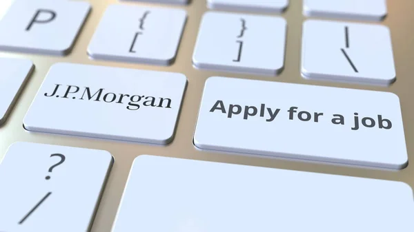 JPMORGAN company logo and Apply for a job text on the keys of the computer keyboard, editorial conceptual 3D rendering — Stock Photo, Image