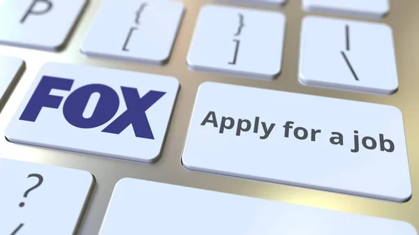 FOX logotipo da empresa e Candidatar-se a um texto de trabalho nas teclas do teclado do computador, editorial conceitual renderização 3D — Fotografia de Stock