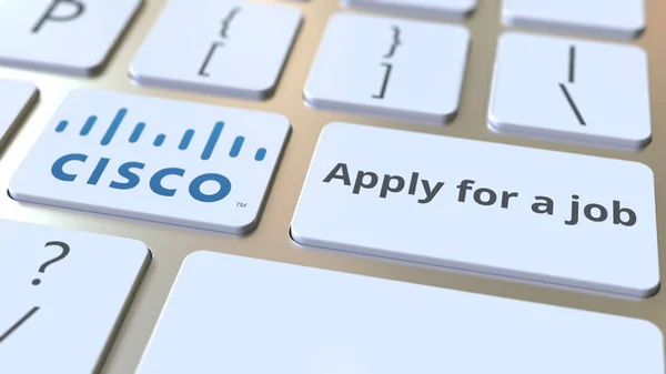 CISCO logo de l'entreprise et Appliquer pour un texte de travail sur les touches du clavier de l'ordinateur, rendu 3D conceptuel éditorial — Photo