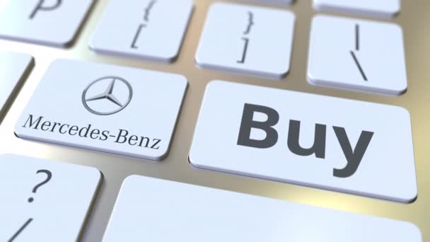 MERCEDES-BENZ company logo and Buy text on the keys of the computer keyboard, editorial conceptual animation — Stock Video