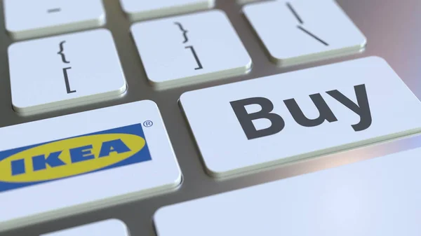 IKEA logo společnosti a koupit text na klávesy klávesnice počítače, redakční koncepční 3d vykreslování — Stock fotografie