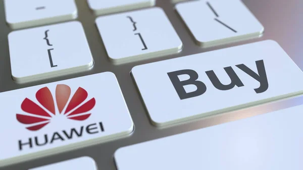 Klawiatura z logo firmy Huawei i Kupię tekst na klucze. Redakcji pojęciowy renderowania 3d — Zdjęcie stockowe