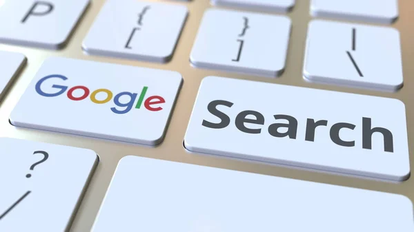 Google のロゴとキーに検索テキストをコンピューターのキーボード。3 d レンダリングの社説 — ストック写真