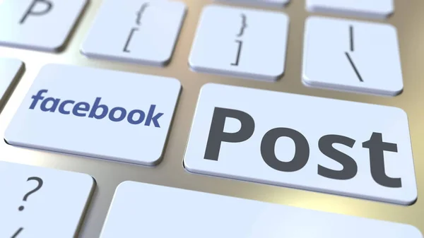 Facebook logo firmy i Post tekst na klawisze klawiatury komputera, redakcji pojęciowy renderowania 3d — Zdjęcie stockowe