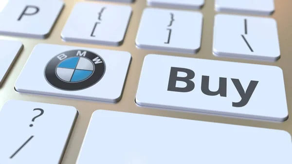 Logo de la empresa BMW y comprar texto en las teclas del teclado de la computadora, editorial conceptual 3D renderizado — Foto de Stock