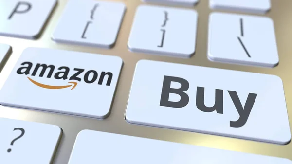 Logo perusahaan AMAZON dan beli teks pada kunci papan ketik komputer, render konseptual 3D editorial — Stok Foto