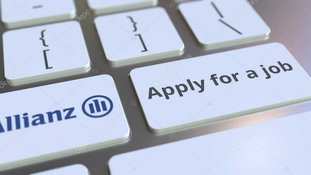 Computer keyboard with company logo and text on the keys. Editorial 3D
