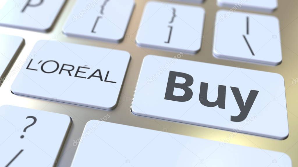 Computer keyboard with company logo and text on the keys. Editorial 3D